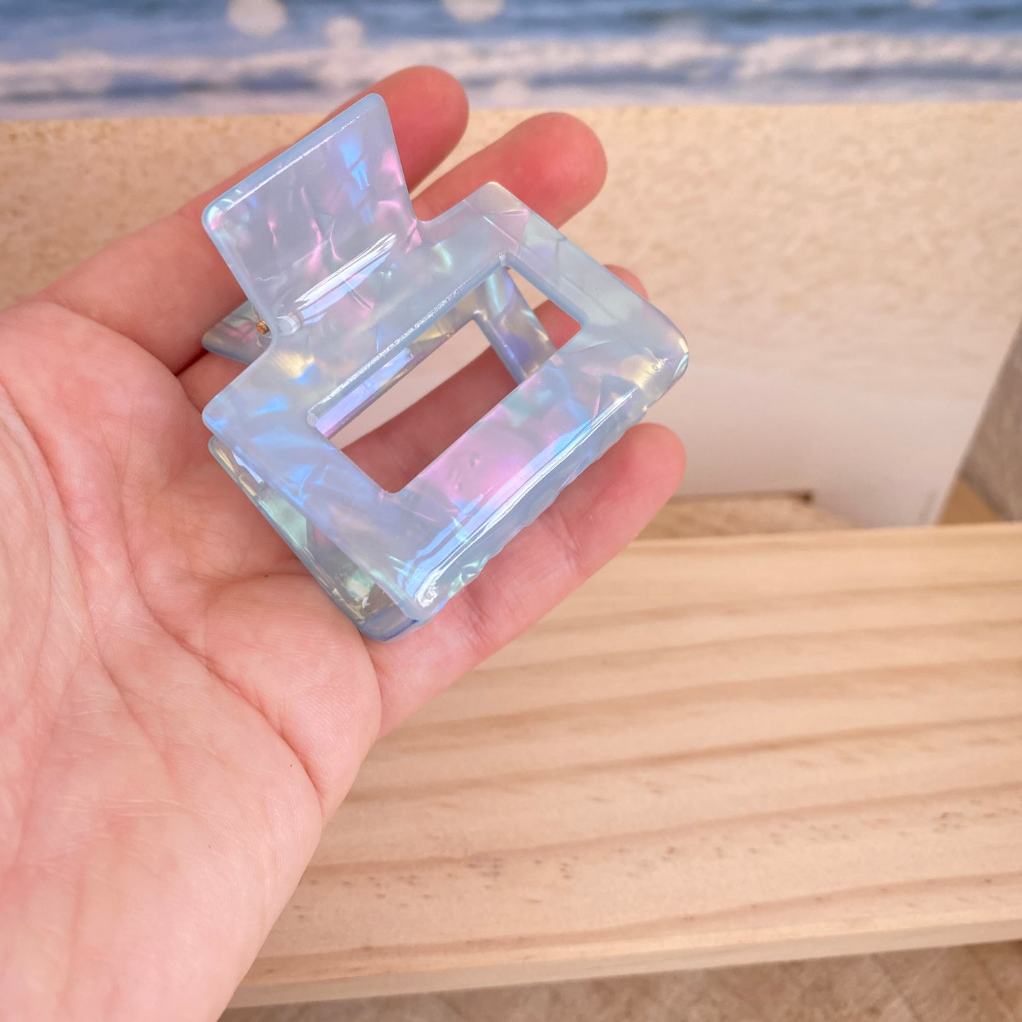 Haarklammer eckig mittel -Perlmutt Blau-