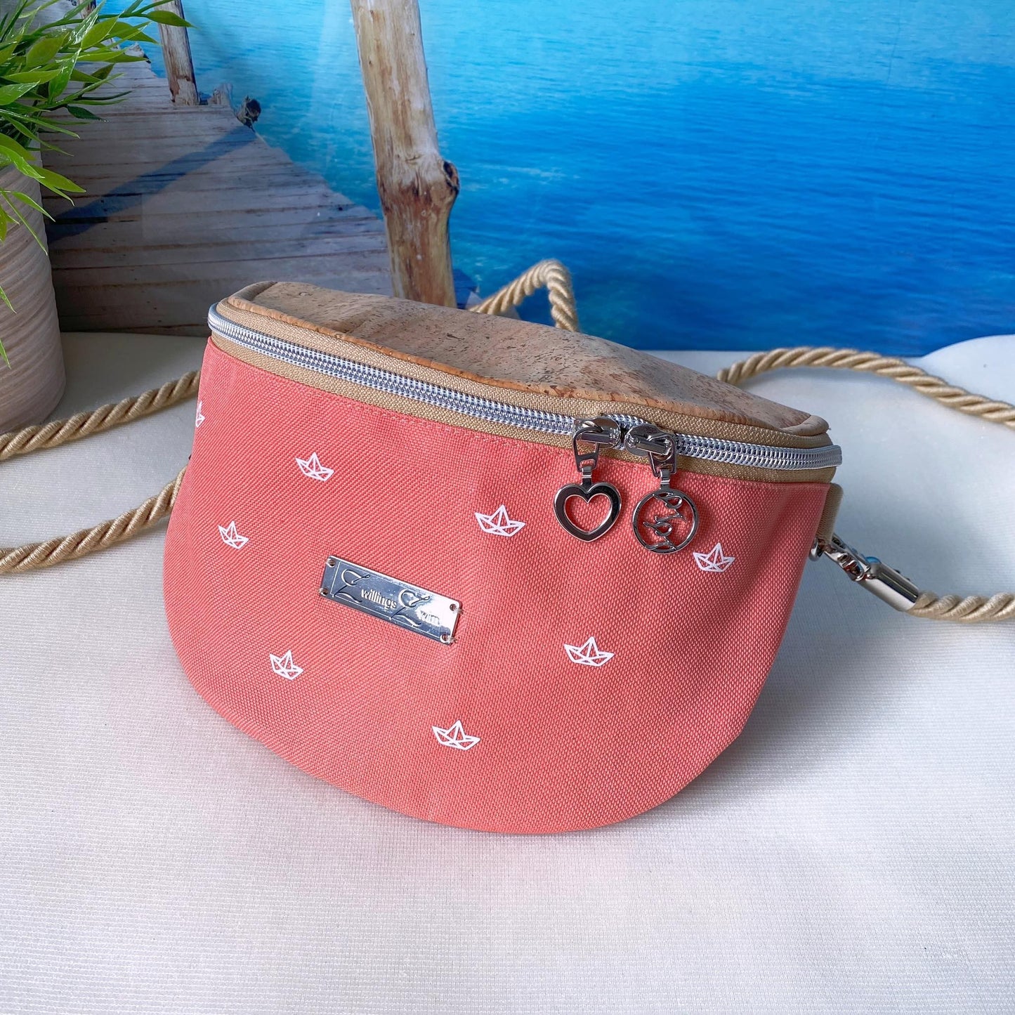 Bauchtasche *Papierboot* Weiß/Apricot/Kork Hellbraun