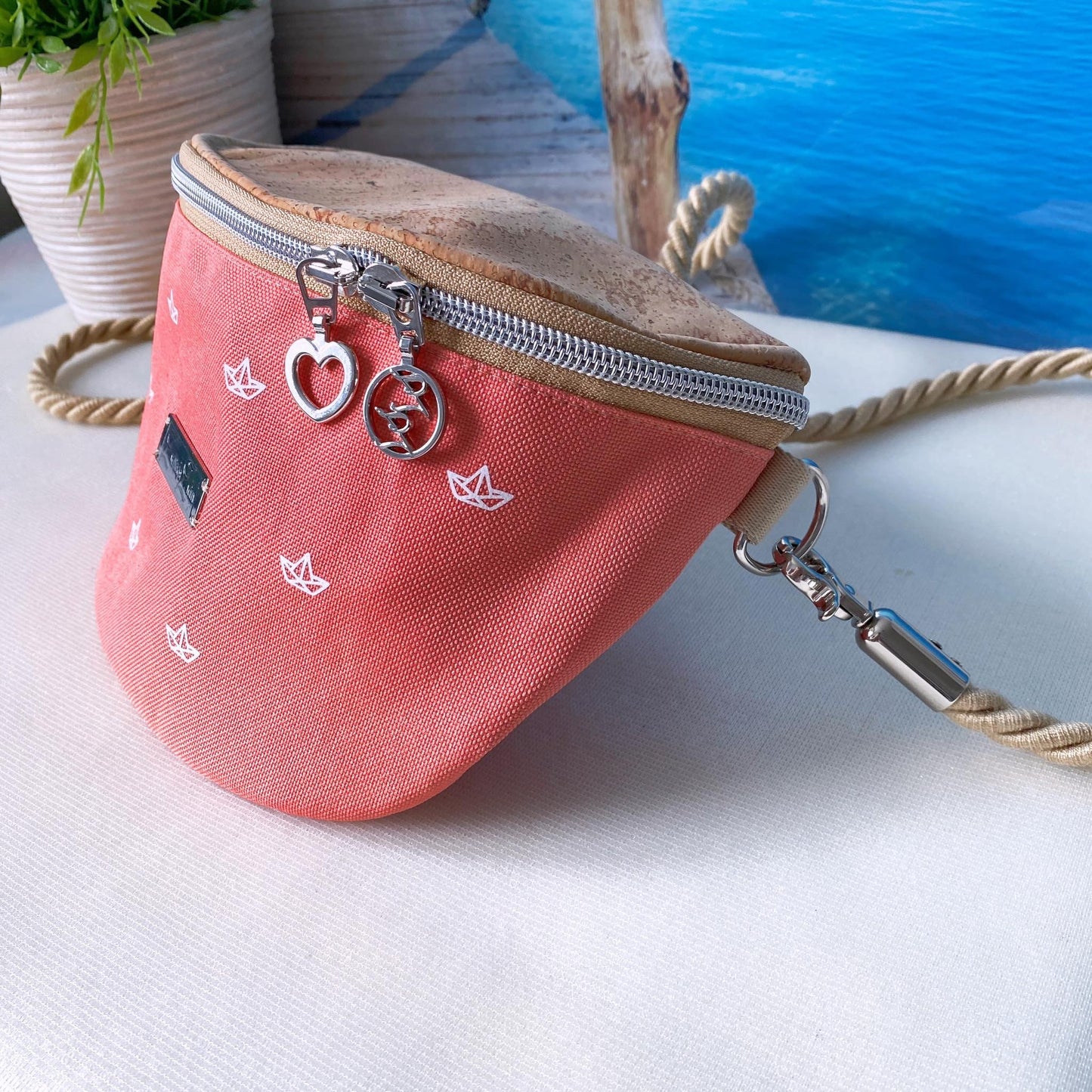 Bauchtasche *Papierboot* Weiß/Apricot/Kork Hellbraun