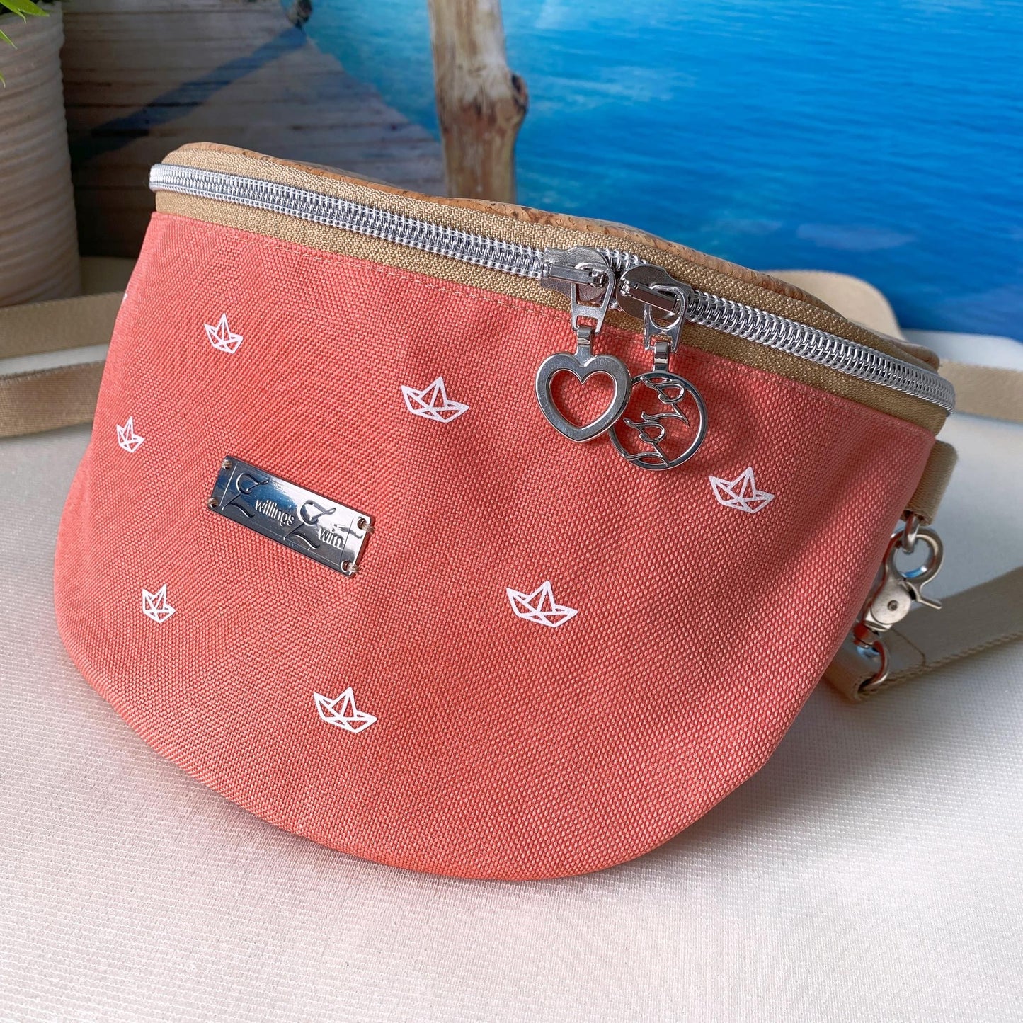 Bauchtasche *Papierboot* Weiß/Apricot/Kork Hellbraun