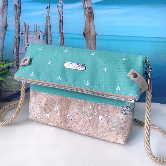 Fold-Over Tasche *Anker* Weiß/Mint/Kork Natur (Silber)