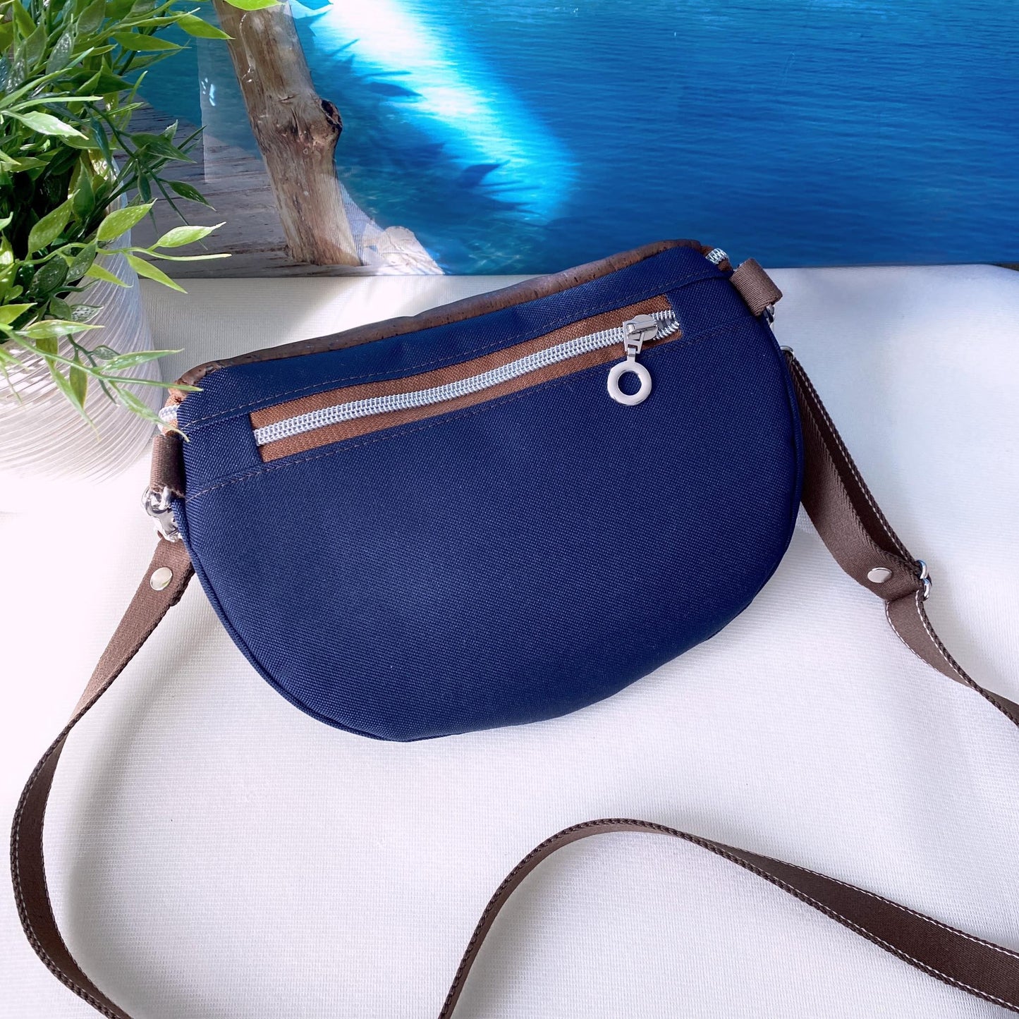 Bauchtasche *Vögel* Weiß/Nachtblau/Kork Cognac