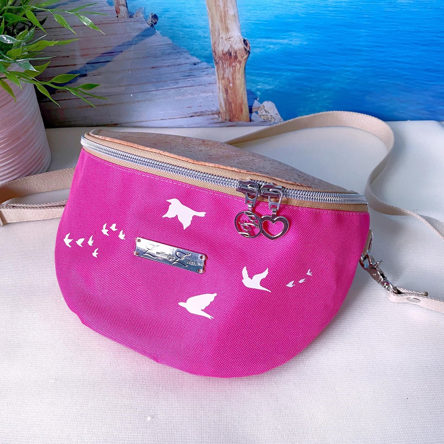 Bauchtasche *Vögel* Weiß/Pink/Kork Hellbraun