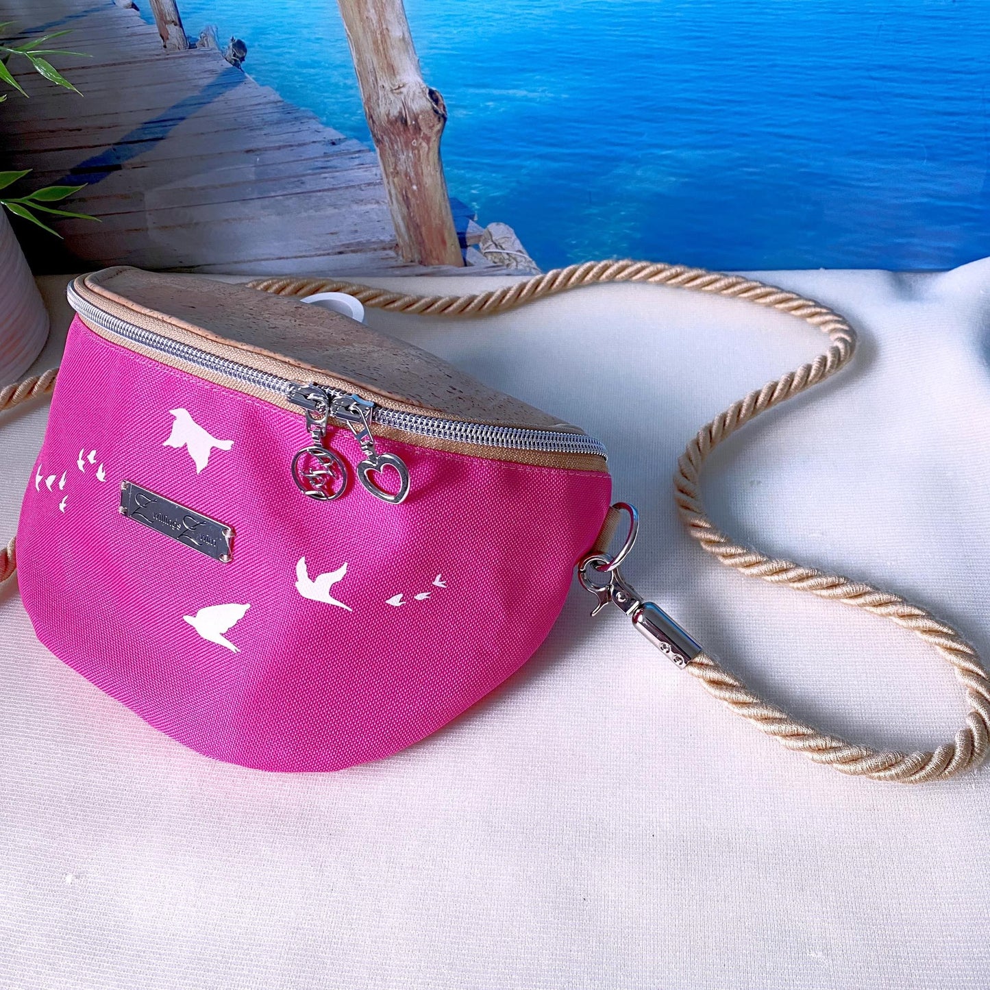 Bauchtasche *Vögel* Weiß/Pink/Kork Hellbraun