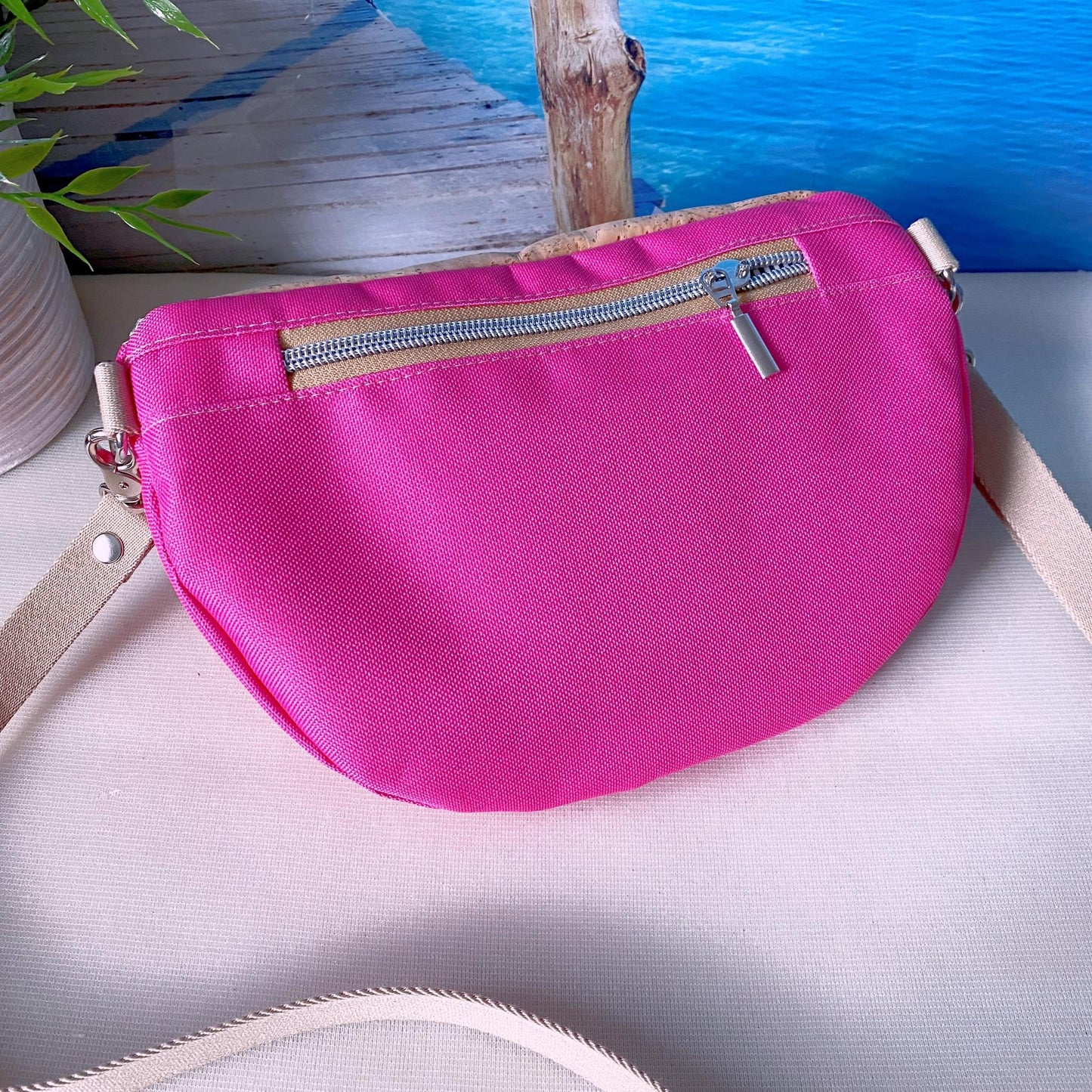 Bauchtasche *Vögel* Weiß/Pink/Kork Hellbraun