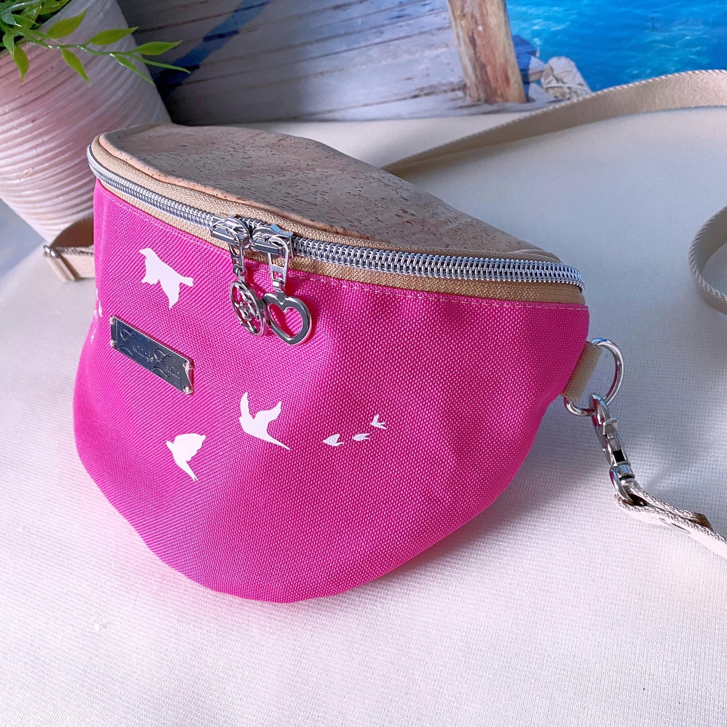Bauchtasche *Vögel* Weiß/Pink/Kork Hellbraun