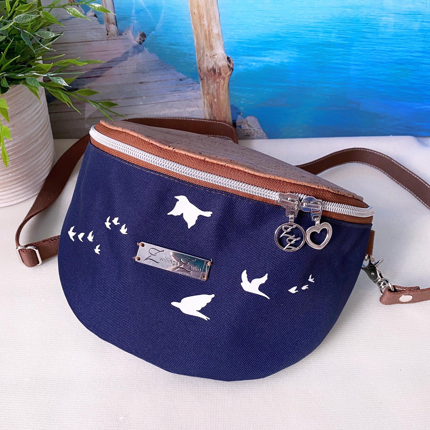 Bauchtasche *Vögel* Weiß/Nachtblau/Kork Cognac