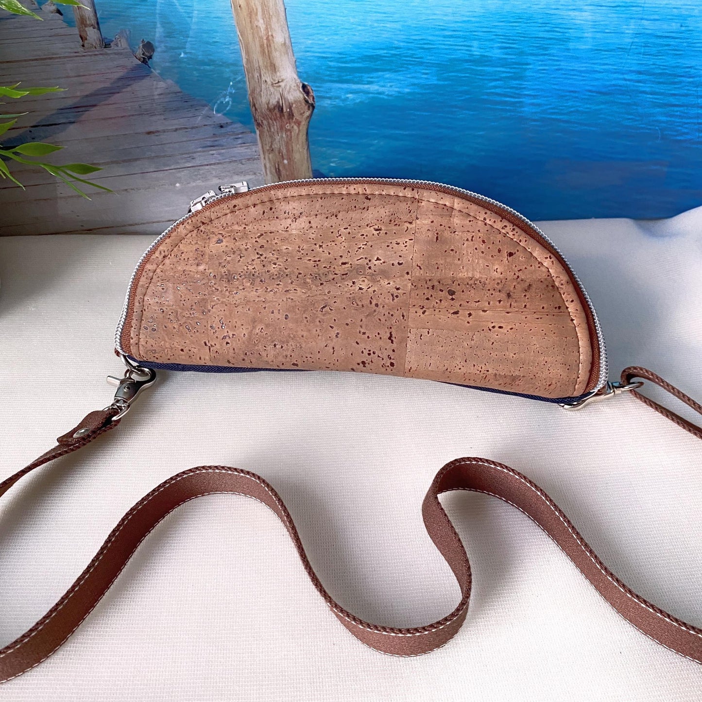 Bauchtasche *Vögel* Weiß/Nachtblau/Kork Cognac