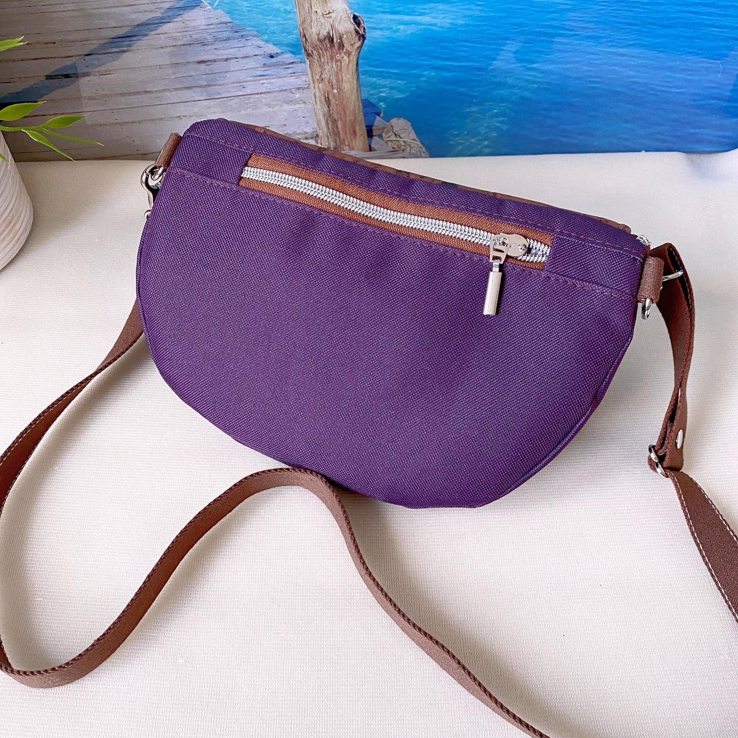 Bauchtasche *Papierboot* Weiß/Aubergine/Kork Braun Bronze