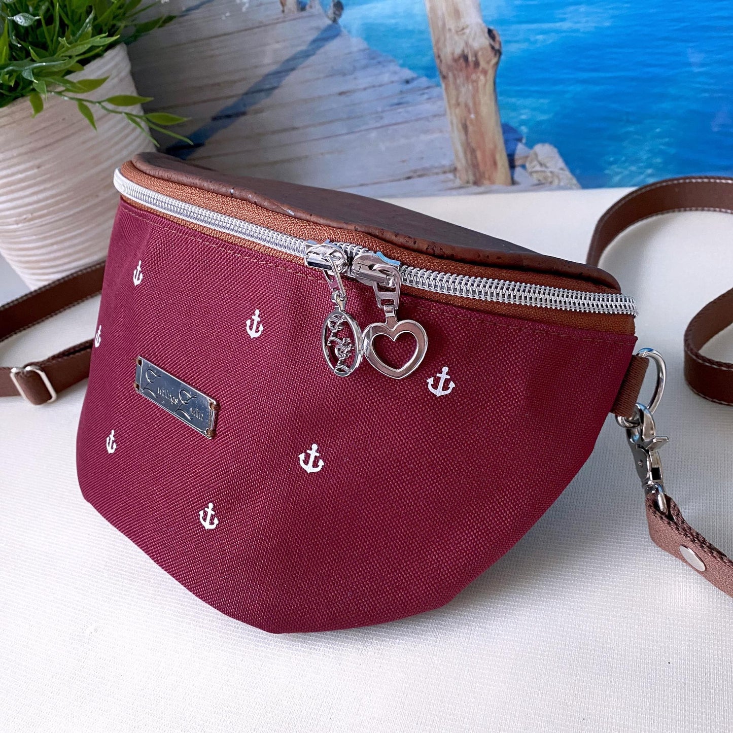 Bauchtasche *Anker* Weiß/Bordeaux/Kork Braun Bronze