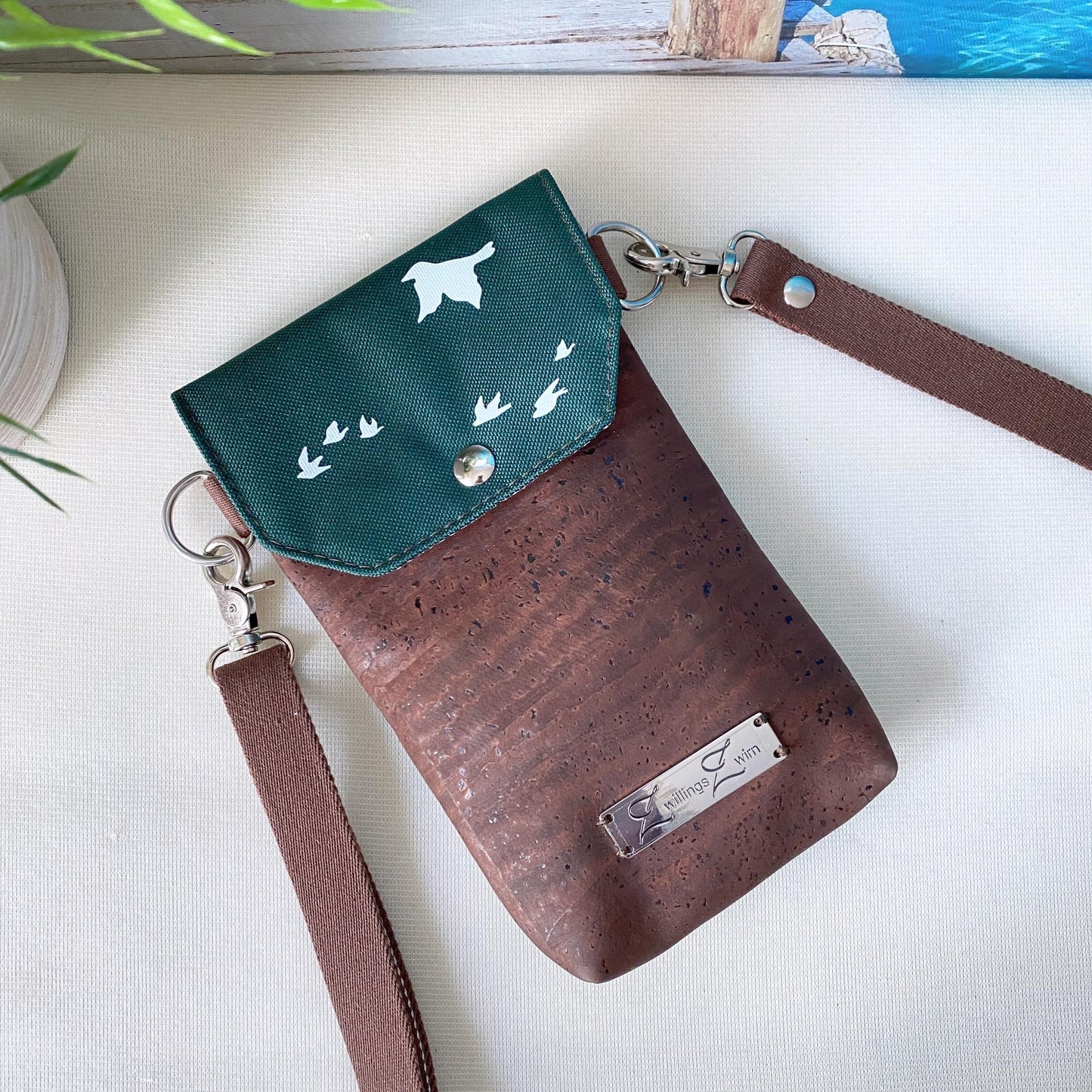 Handytasche *Vögel* Weiß/Dunkelgrün/Kork Braun
