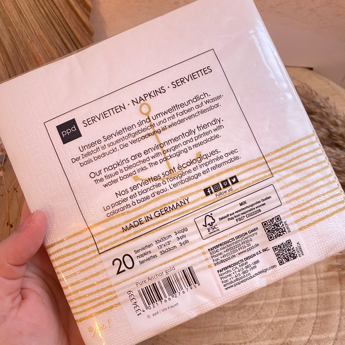 Servietten 33x33 cm -Anker Gold/Weiß-