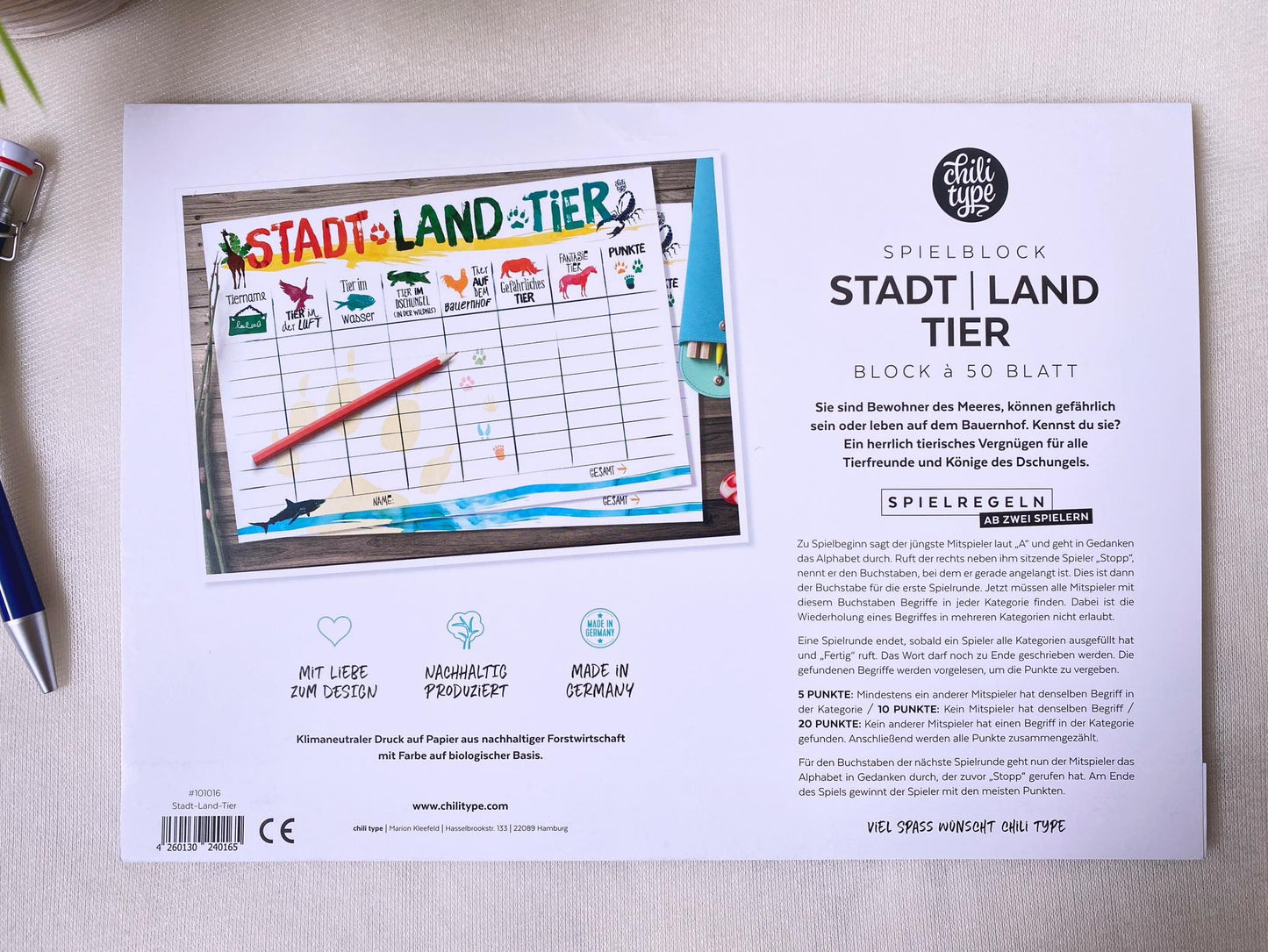 Spielblock A4 Stadt Land Tier