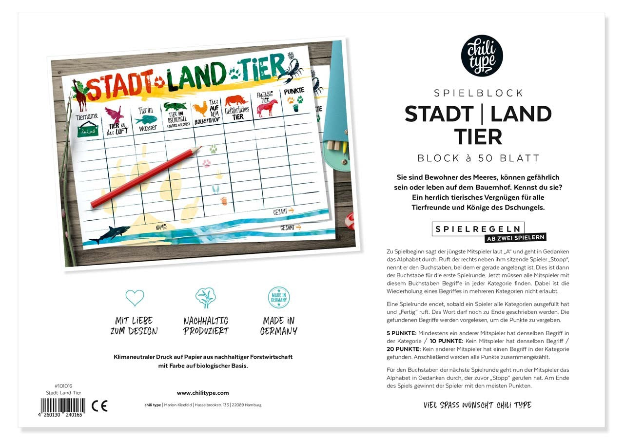 Spielblock A4 Stadt Land Tier