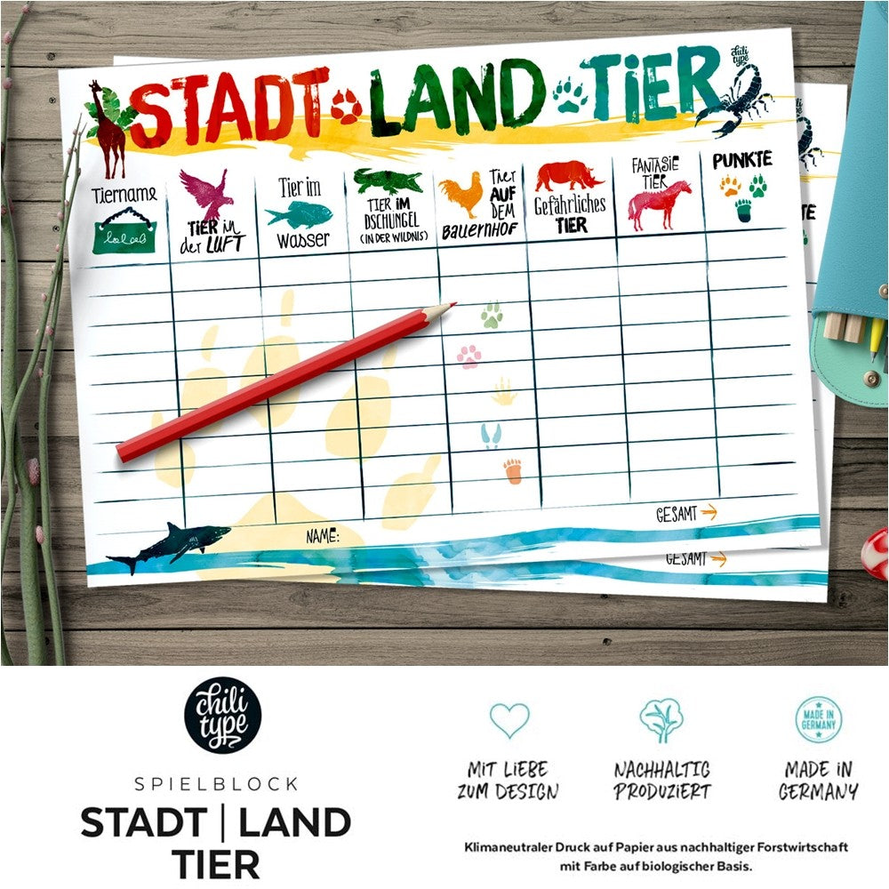 Spielblock A4 Stadt Land Tier
