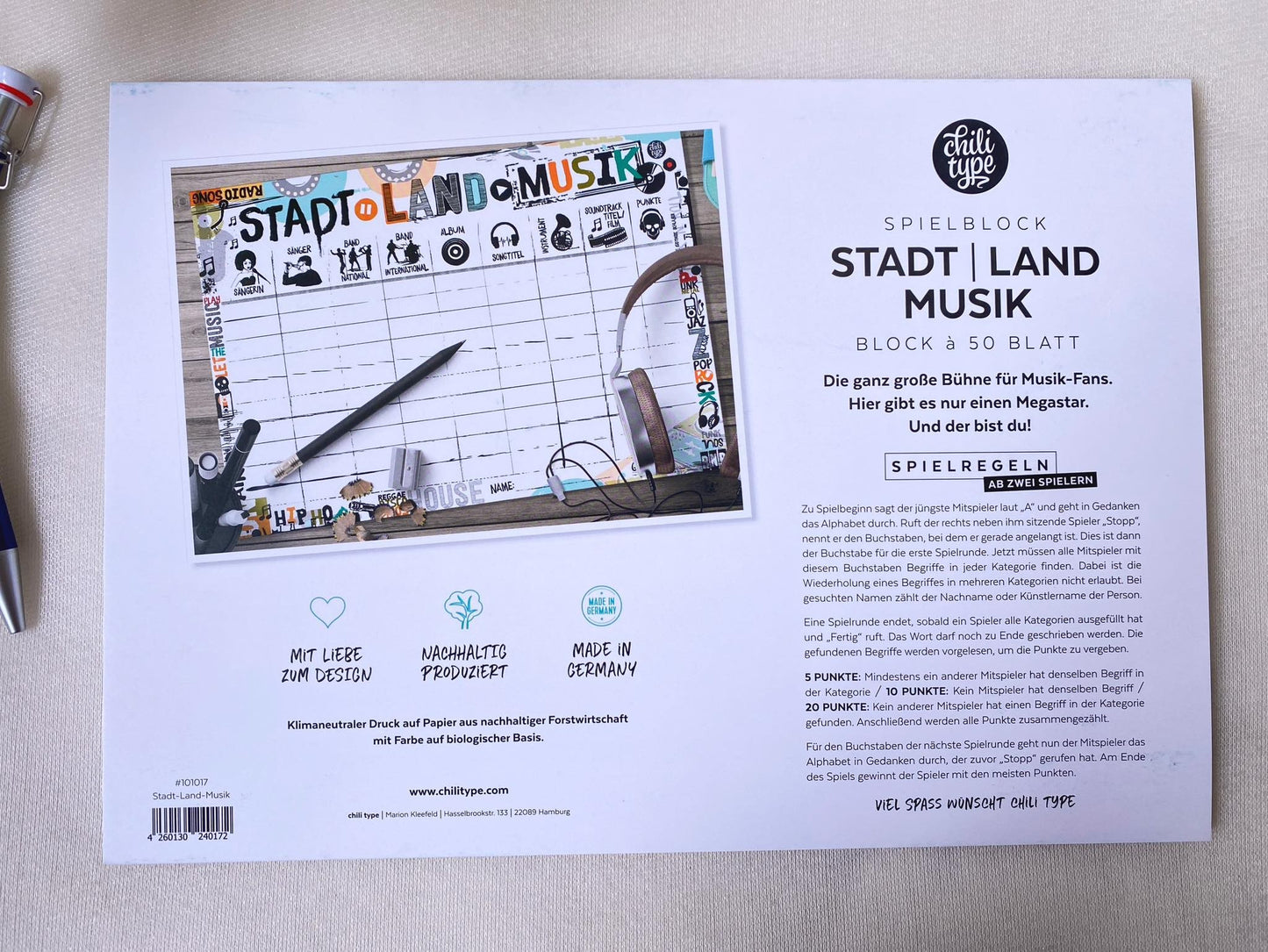 Spielblock A4 Stadt Land Musik
