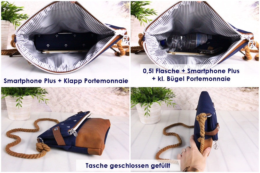 Fold-Over Tasche *Vögel* Weiß/Nachtblau/Kork Braun