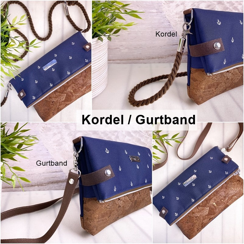 Fold-Over Tasche *Vögel* Weiß/Nachtblau/Kork Braun