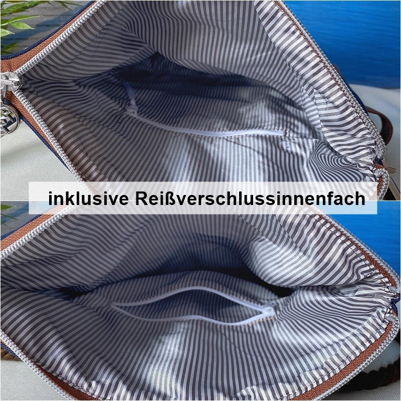 Fold-Over Tasche *Vögel* Weiß/Nachtblau/Kork Braun