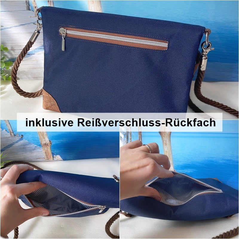 Fold-Over Tasche *Vögel* Weiß/Nachtblau/Kork Braun