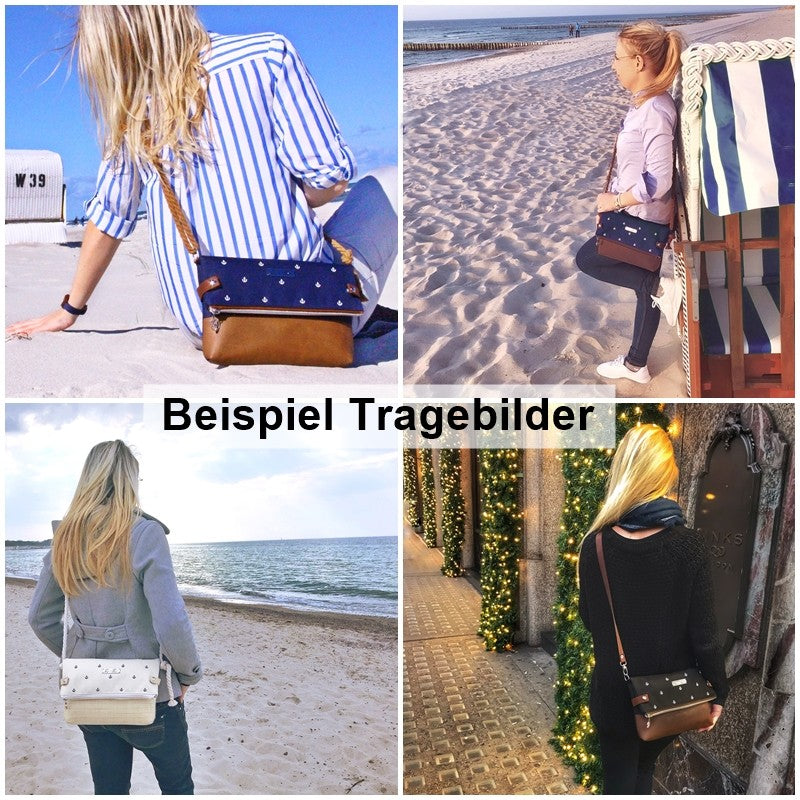 Fold-Over Tasche *Vögel* Weiß/Nachtblau/Kork Braun