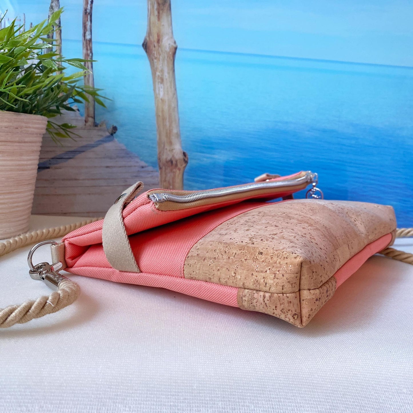 Fold-Over Tasche *Anker* Weiß/Apricot/Kork Hellbraun