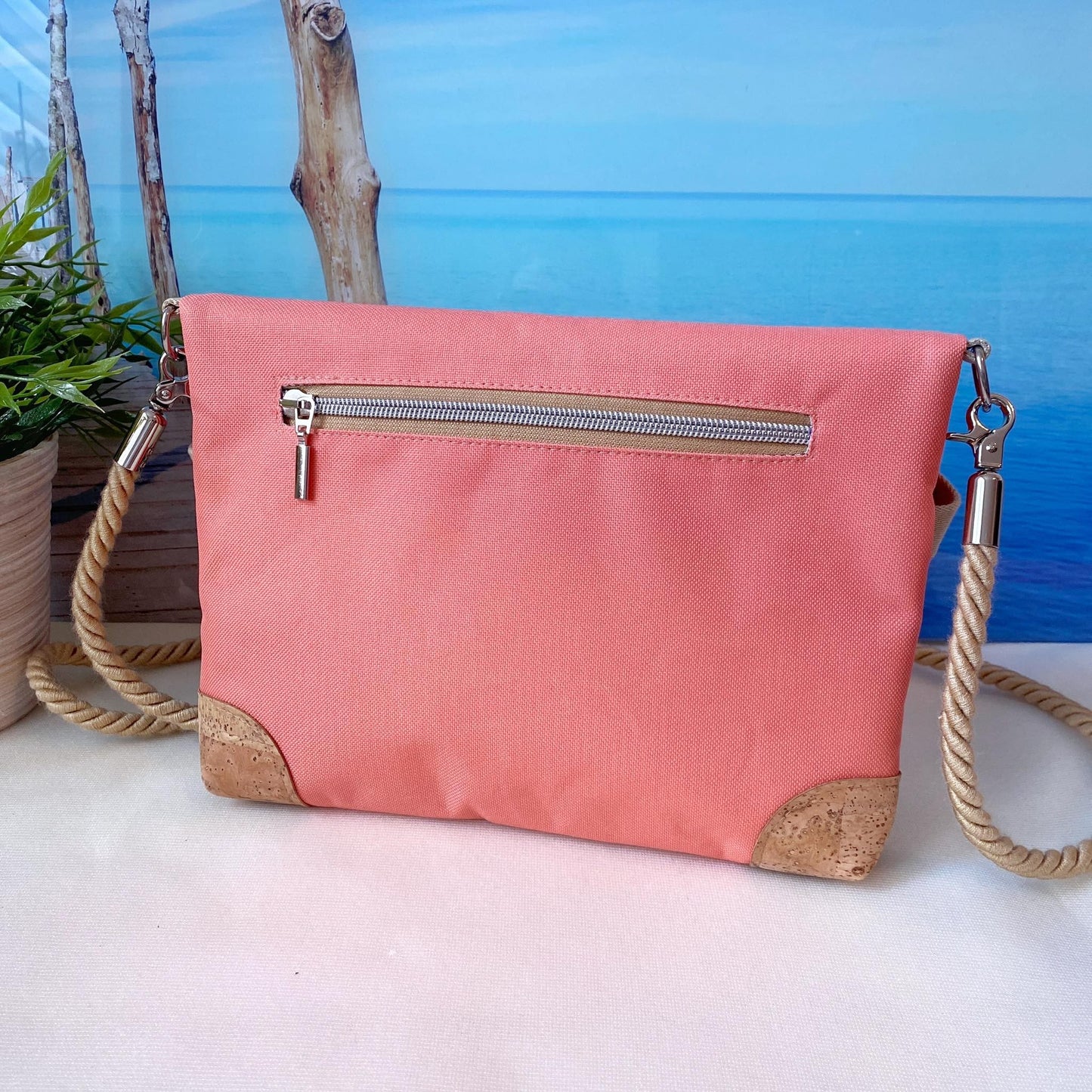 Fold-Over Tasche *Anker* Weiß/Apricot/Kork Hellbraun