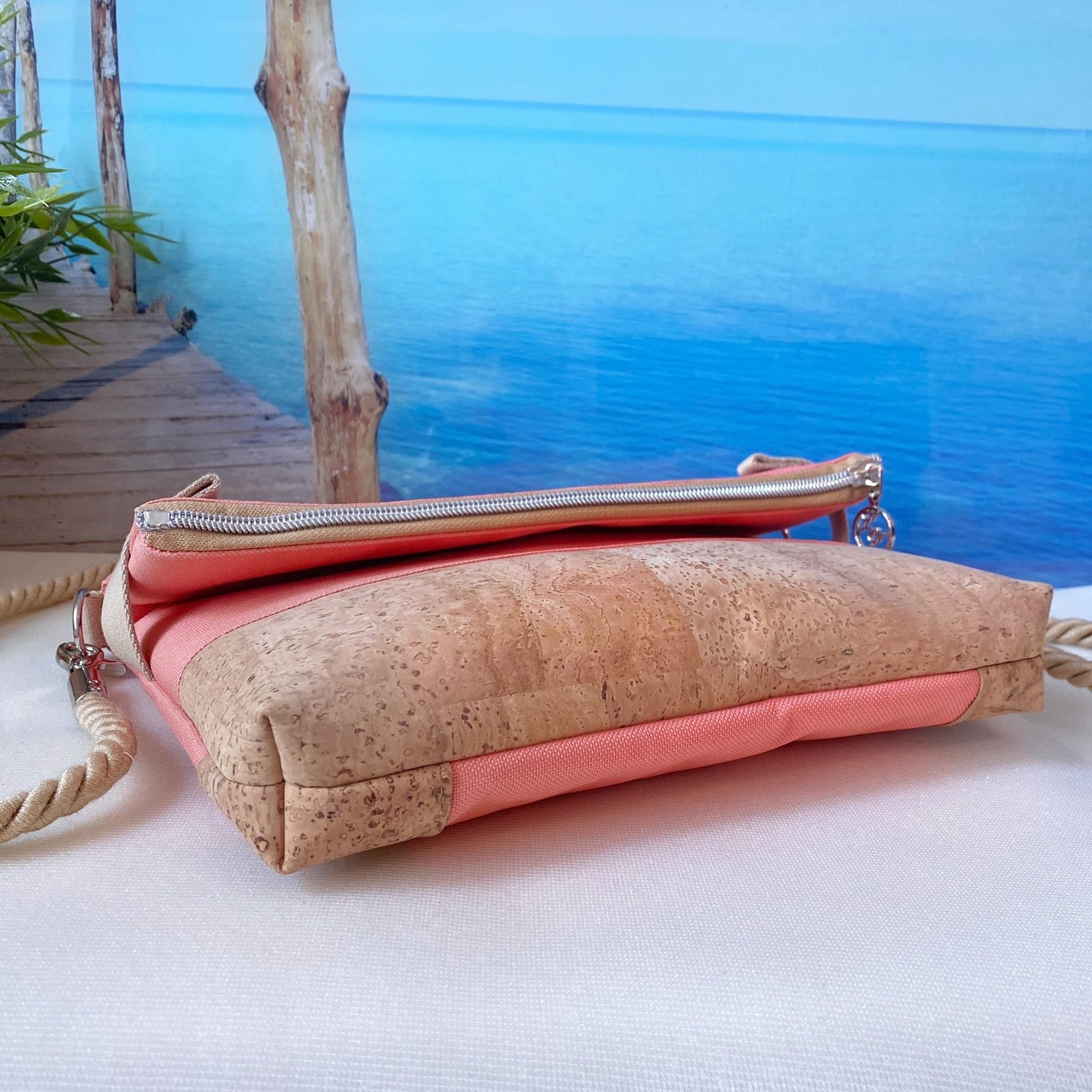 Fold-Over Tasche *Anker* Weiß/Apricot/Kork Hellbraun