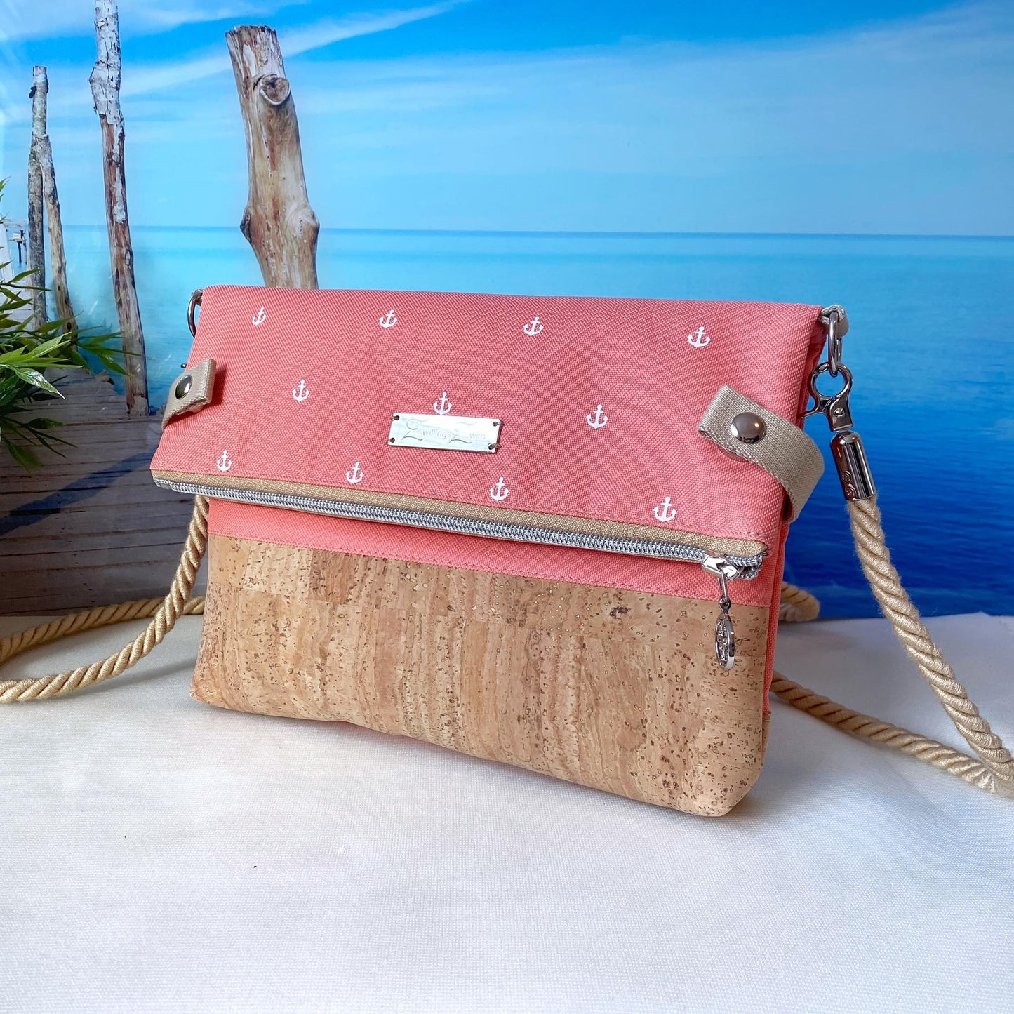 Fold-Over Tasche *Anker* Weiß/Apricot/Kork Hellbraun