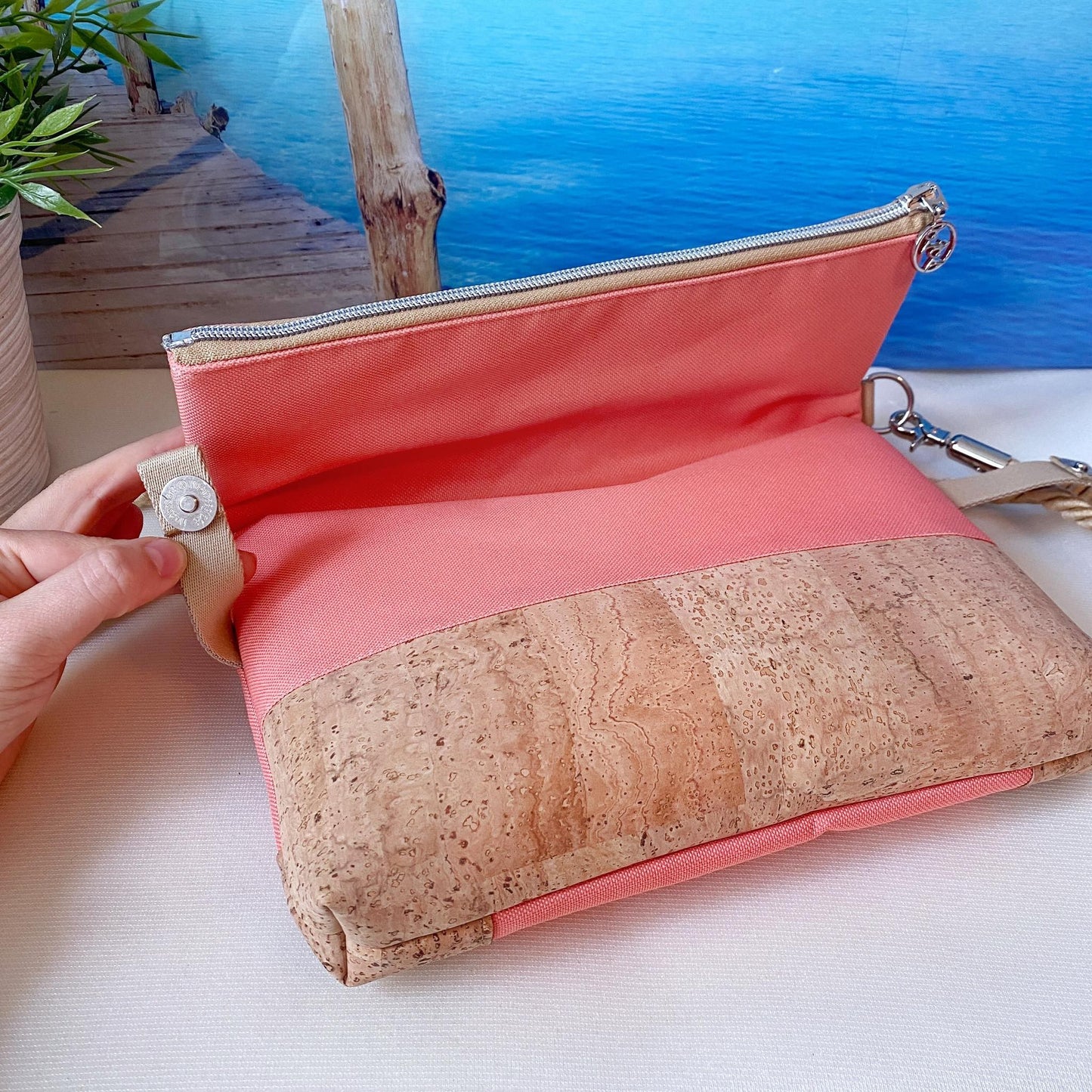 Fold-Over Tasche *Anker* Weiß/Apricot/Kork Hellbraun