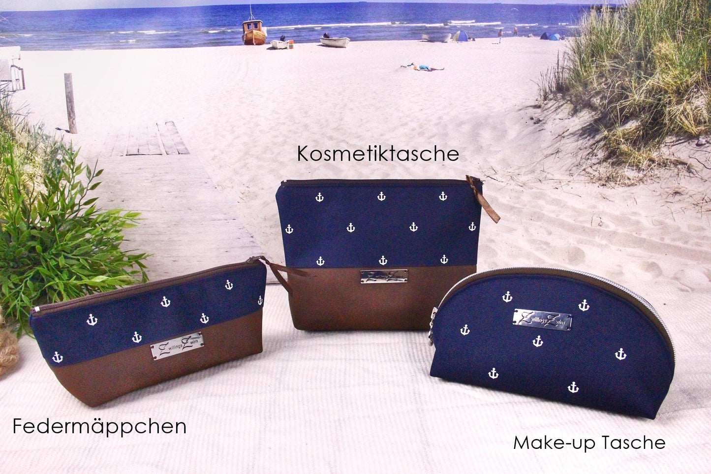 Make-up Tasche -Anker Weiß/Bordeaux/Braun-