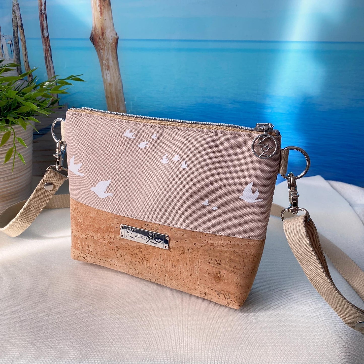 Kleine Umhängetasche *Vögel* Weiß/Beige/Kork Hellbraun