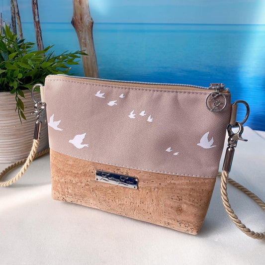 Kleine Umhängetasche *Vögel* Weiß/Beige/Kork Hellbraun