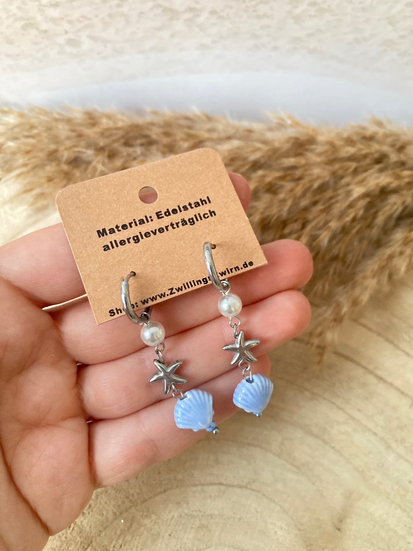 Ohrhänger Edelstahl -Silber/Blau Stern/Muschel-