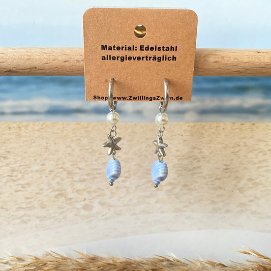 Ohrhänger Edelstahl -Silber/Blau Stern/Muschel-