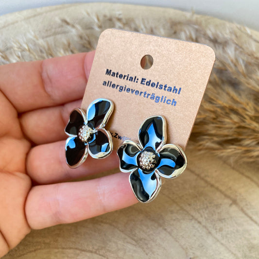Ohrhänger Edelstahl -Flower Schwarz/Silber-