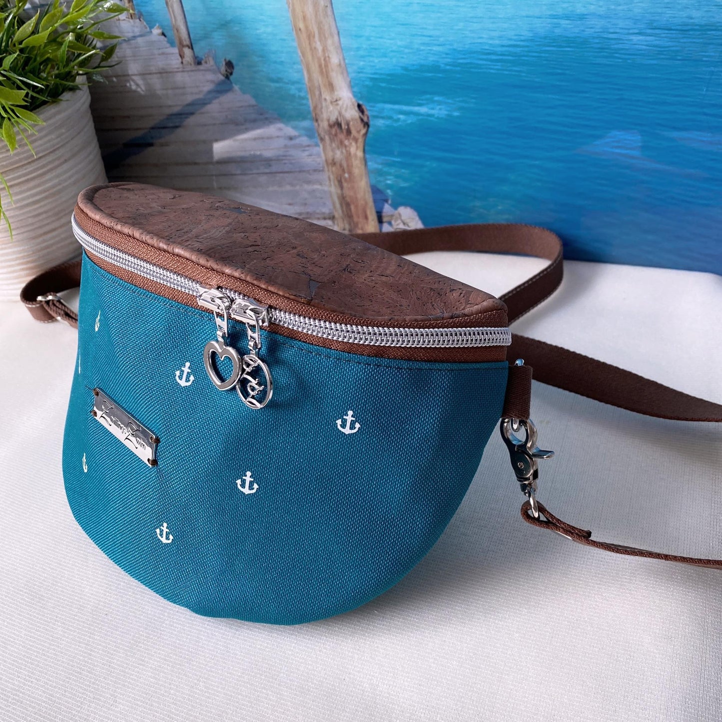 Bauchtasche *Anker* Weiß/Petrol/Kork Braun Bronze