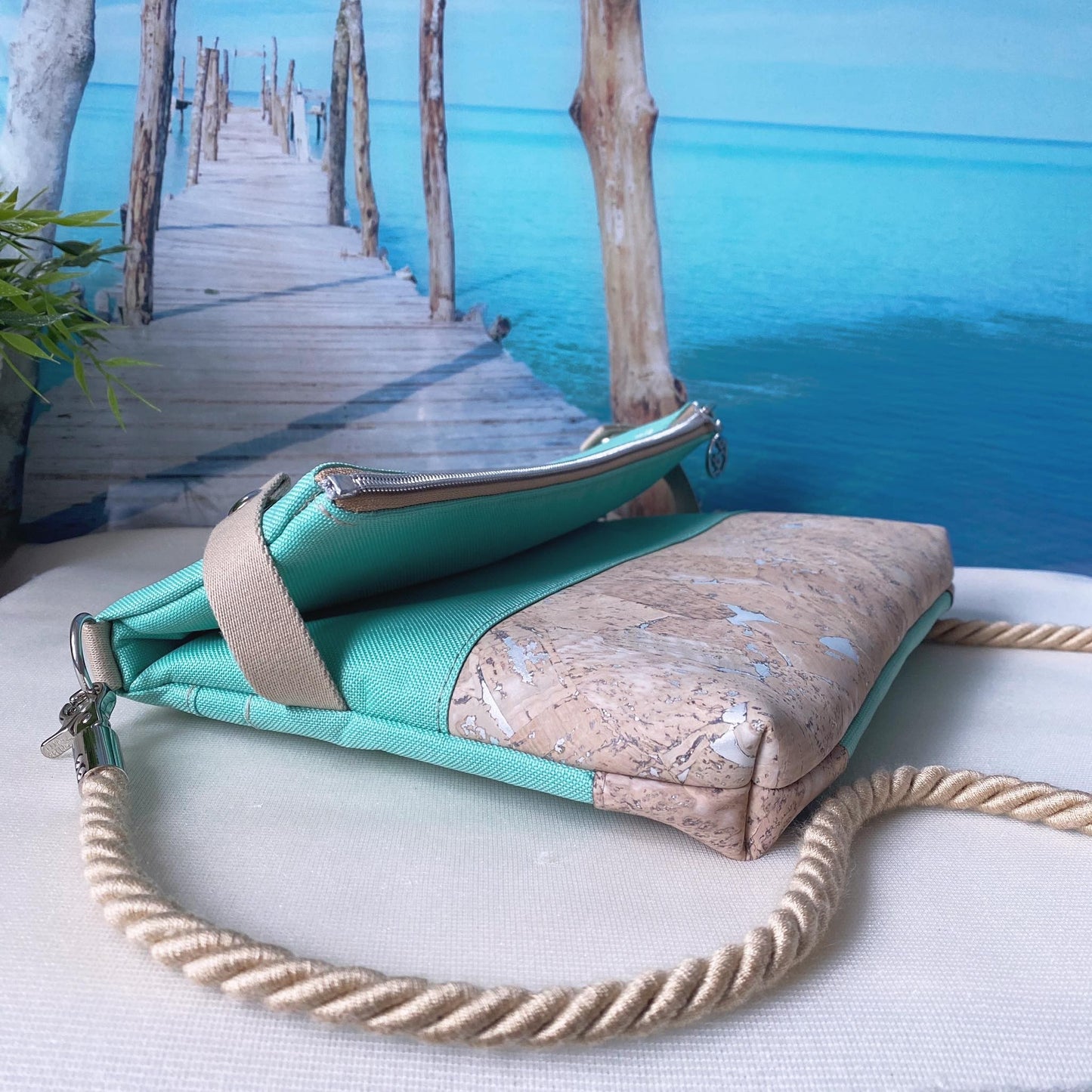 Fold-Over Tasche *Anker* Weiß/Mint/Kork Natur (Silber)