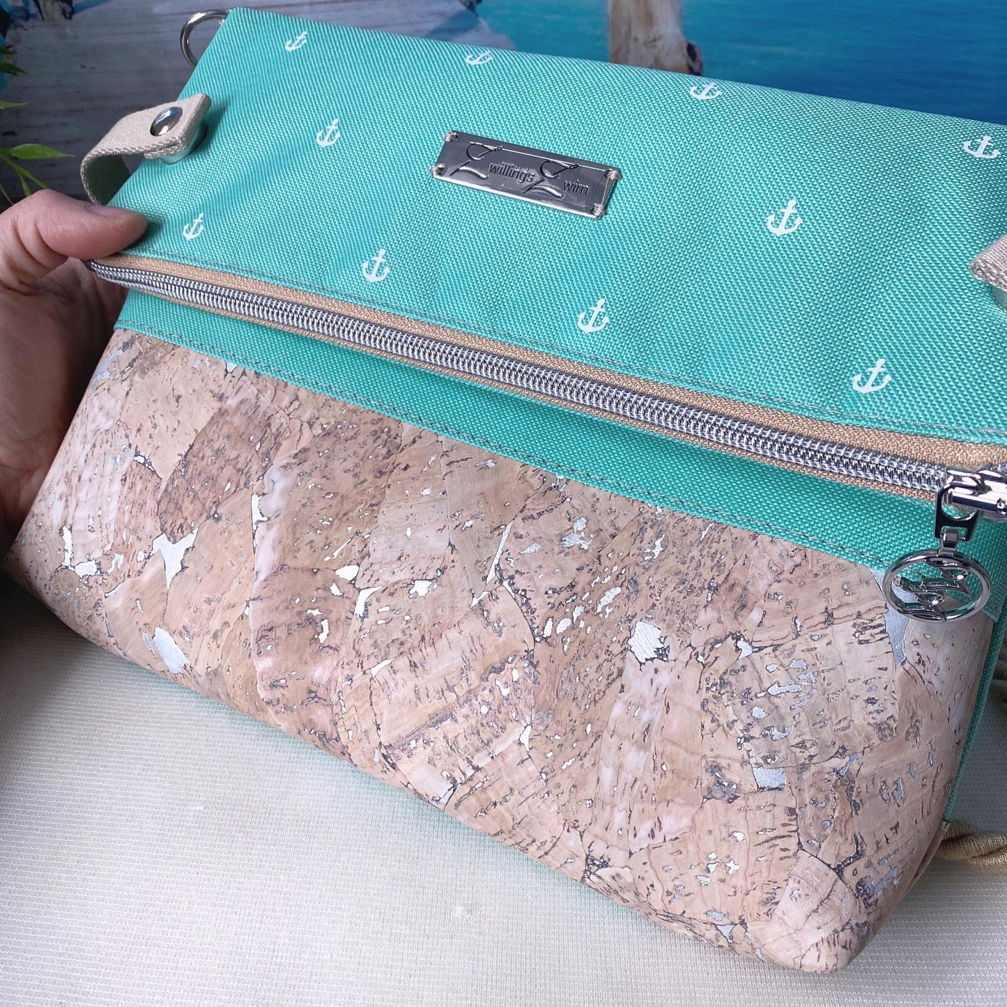 Fold-Over Tasche *Anker* Weiß/Mint/Kork Natur (Silber)