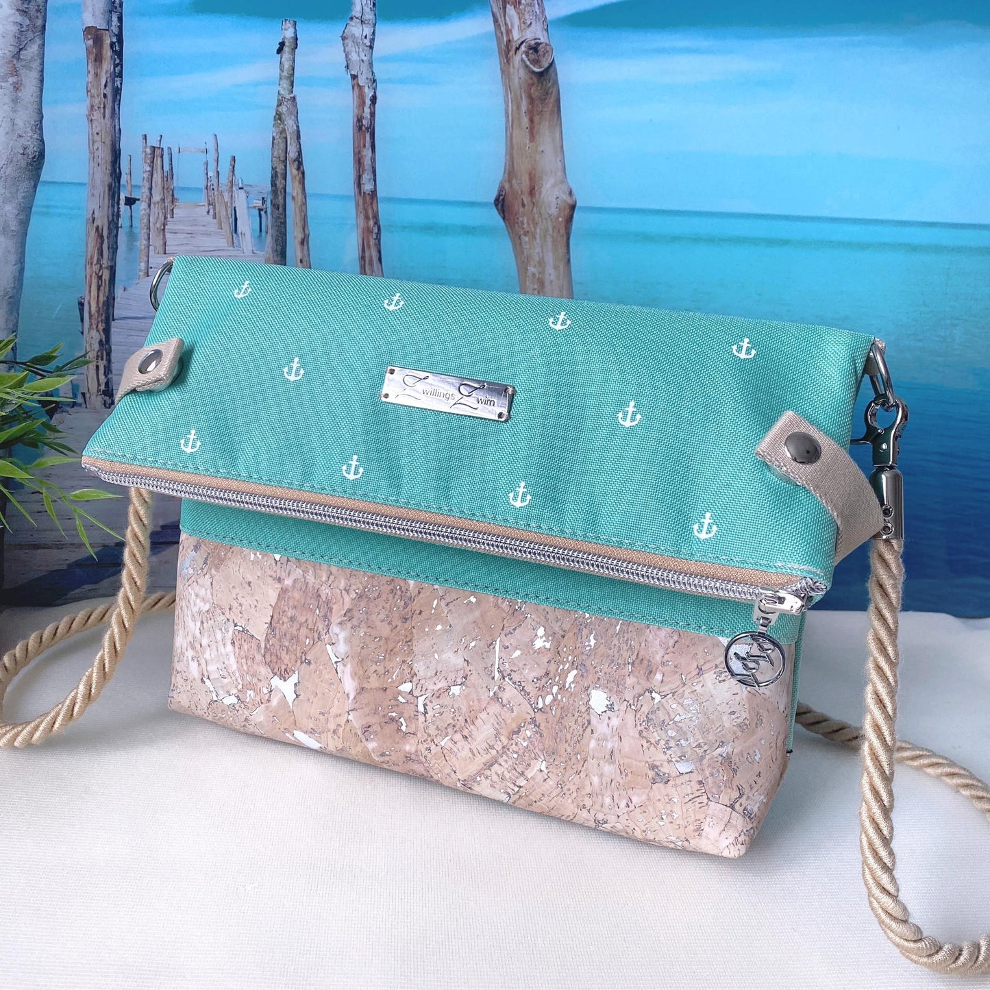 Fold-Over Tasche *Anker* Weiß/Mint/Kork Natur (Silber)