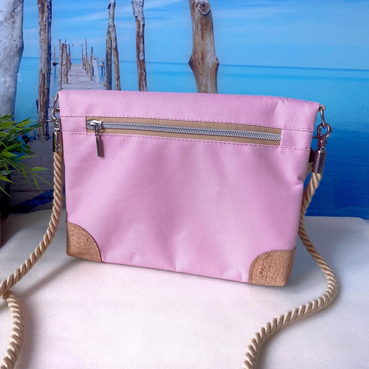 Fold-Over Tasche *Papierboot* Weiß/Rosa/Kork Hellbraun