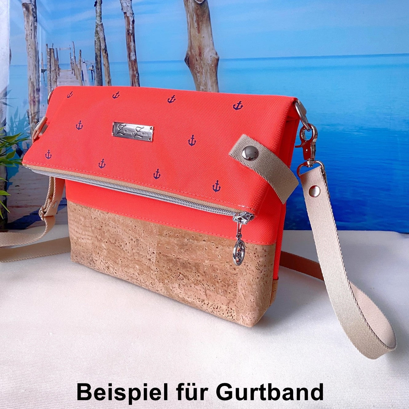 Fold-Over Tasche *Vögel* Weiß/Neon Orange/Kork Hellbraun