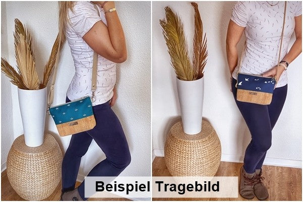 Kleine Umhängetasche *Vögel* Weiß/Dunkelgrün/Kork Hellbraun