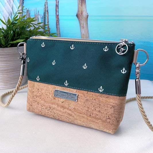 Kleine Umhängetasche *Anker* Weiß/Dunkelgrün/Kork Hellbraun