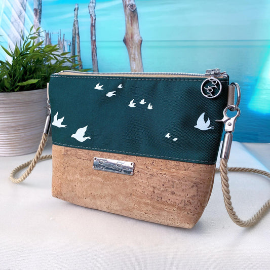 Kleine Umhängetasche *Vögel* Weiß/Dunkelgrün/Kork Hellbraun