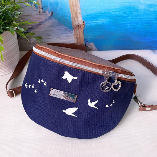 Bauchtasche *Vögel* Weiß/Nachtblau/Kork Cognac