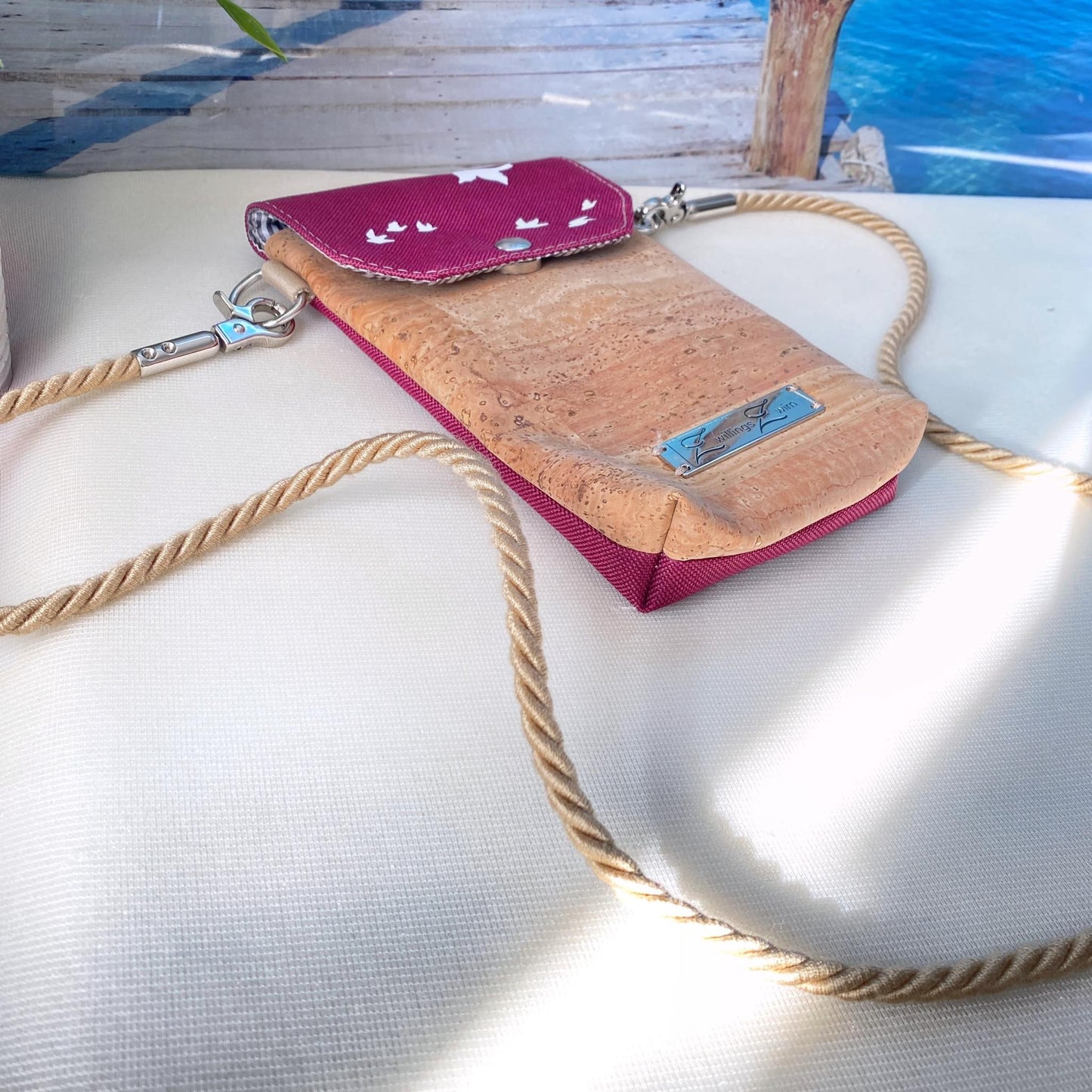 Handytasche *Vögel* Weiß/Magenta/Kork Hellbraun
