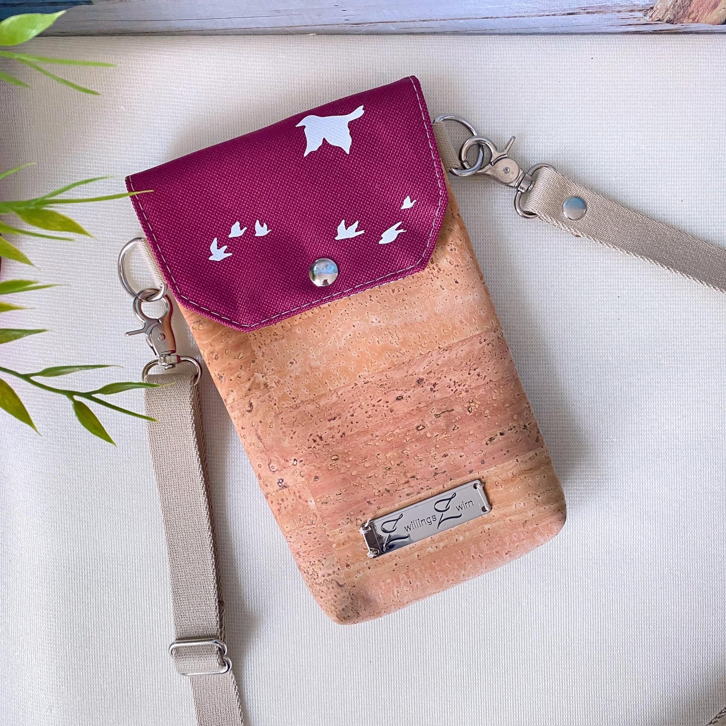 Handytasche *Vögel* Weiß/Magenta/Kork Hellbraun