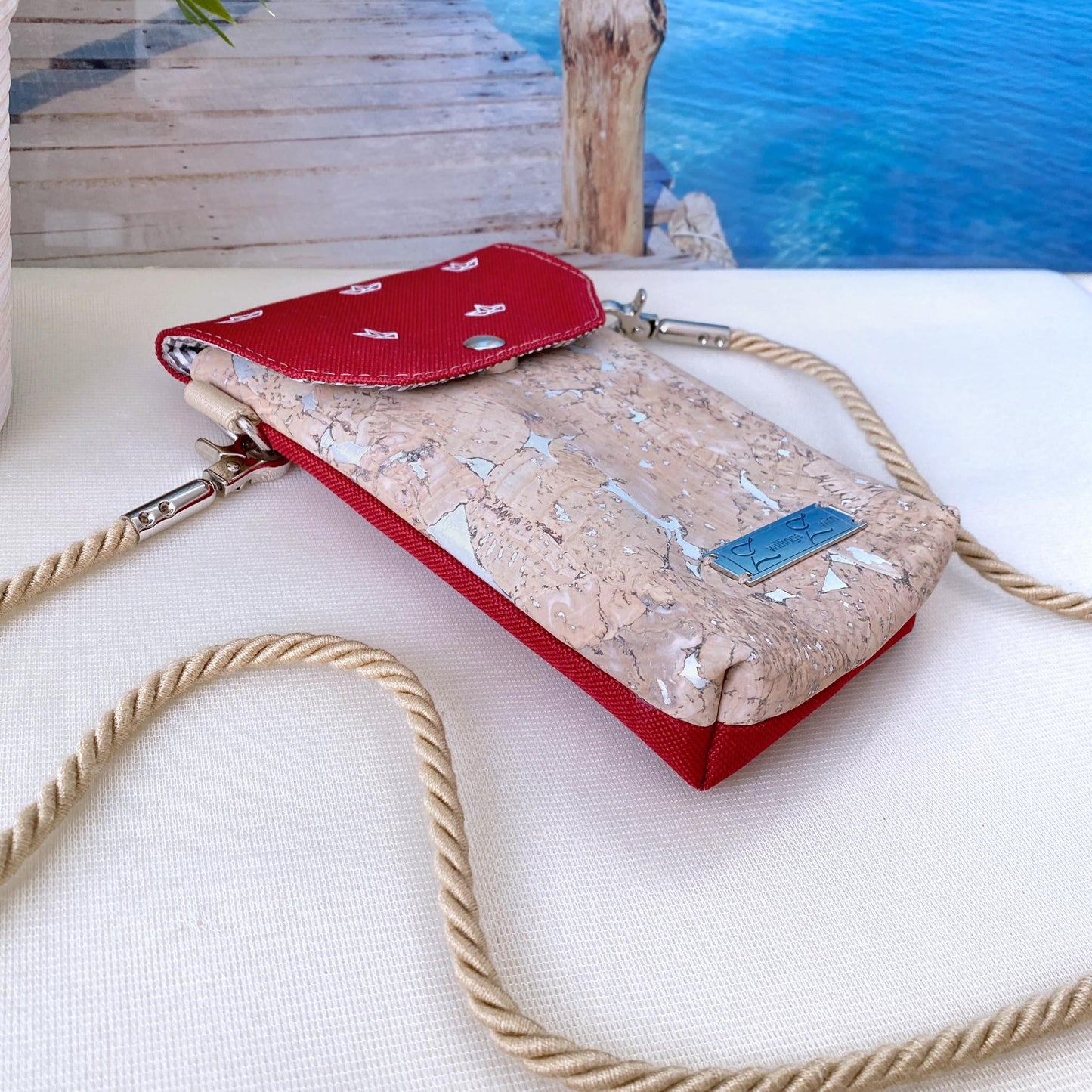 Handytasche *Papierboot* Weiß/Rot/Kork Natur (mit Silber Effekt)