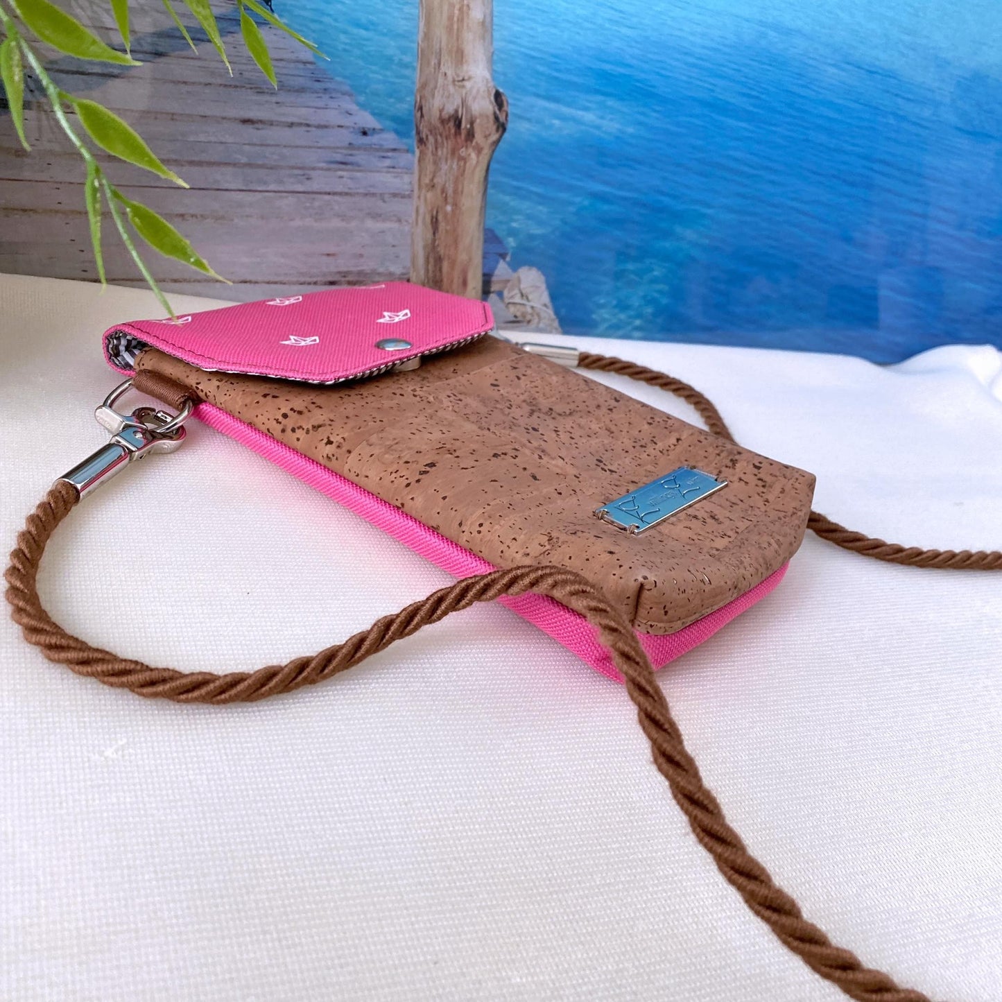 Handytasche *Papierboot* Weiß/Pink/Kork Cognac